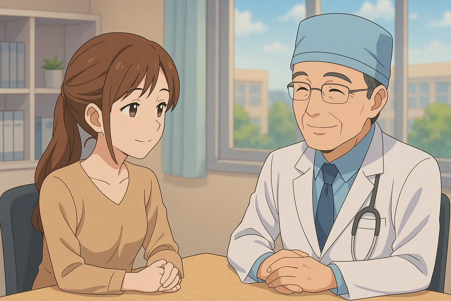 Female patient smiling while consulting with a board-certified labiaplasty surgeon in a medical office.