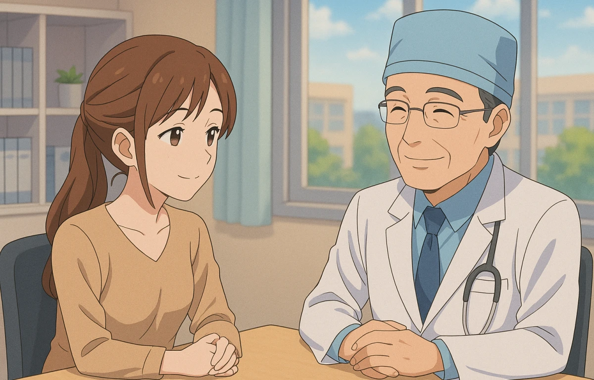 Female patient smiling while consulting with a board-certified labiaplasty surgeon in a medical office.